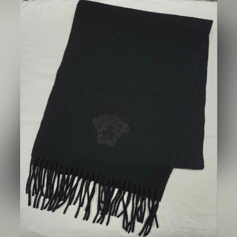 Versace Wool Medusa Logo Embroidered Fringe Scarf
